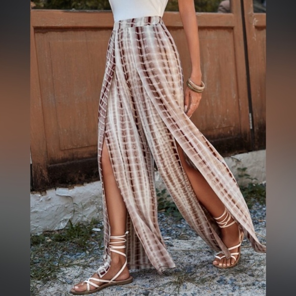 Women’s High Waisted Palazzo Tye Die Wide Leg Pants Medium Brown Tan Cream